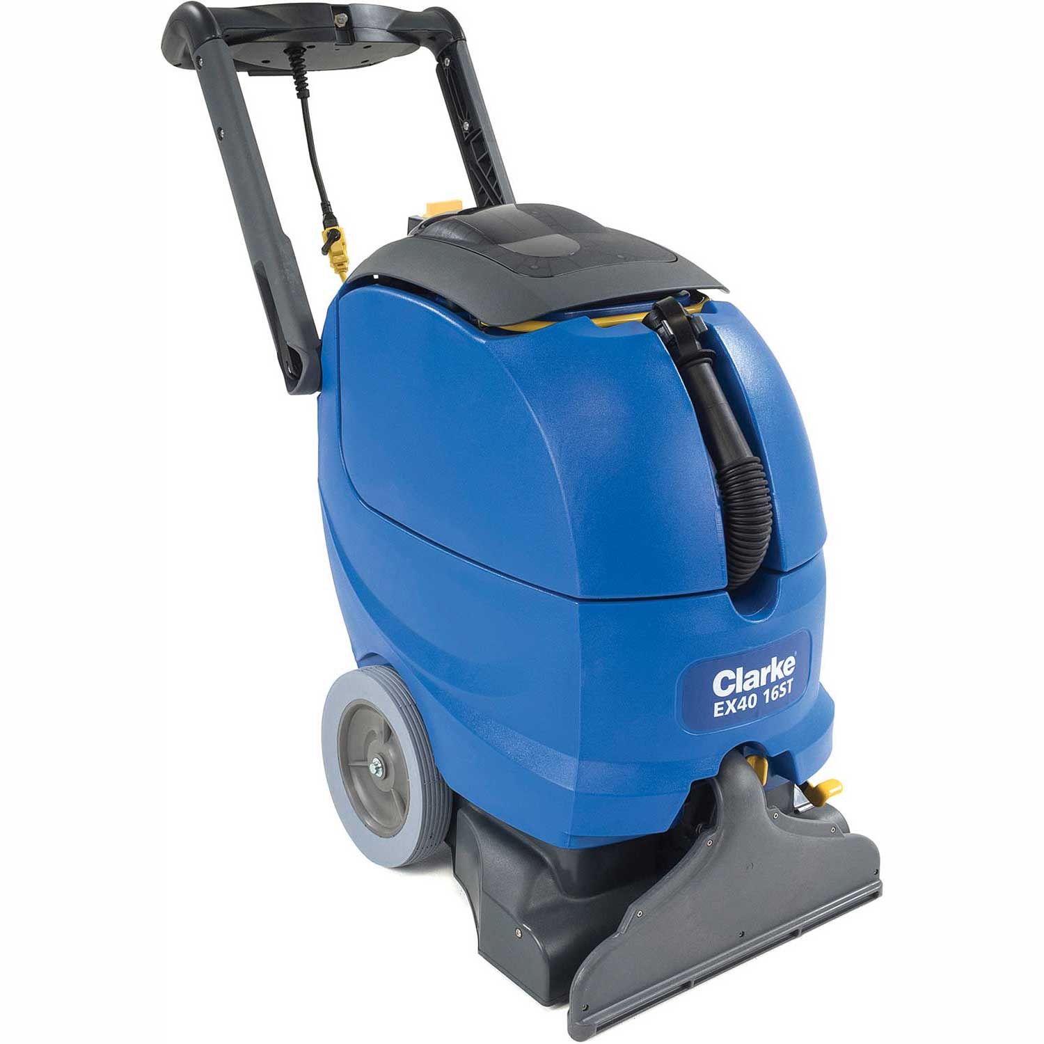A blue Clarke EX40 900 carpet extractor machine with a grey cleaning head and wheels on a white background.