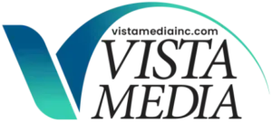 Logo for Vista Media, featuring a blue-to-teal gradient checkmark shape and the text 