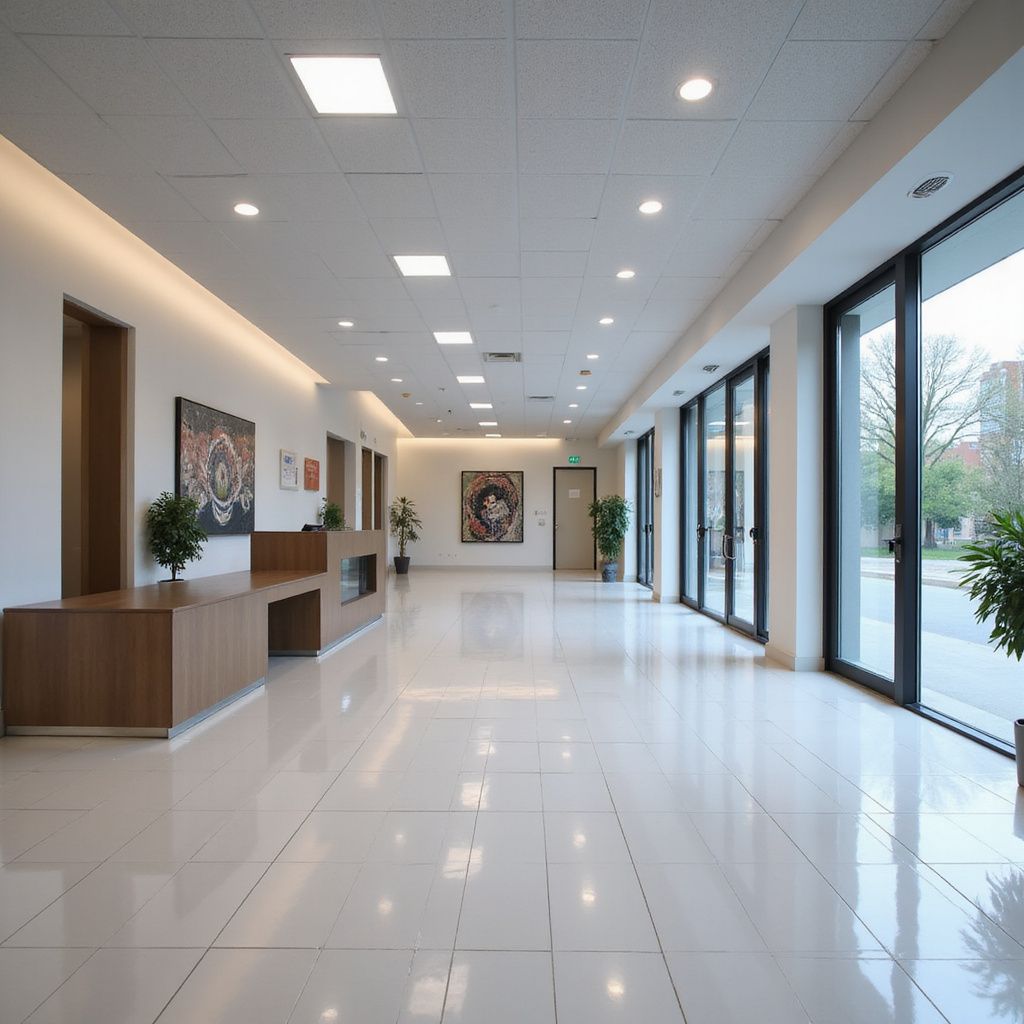 A bright, modern lobby with white tiled floors, a long wooden reception desk, framed artwork, and floor-to-ceiling windows.