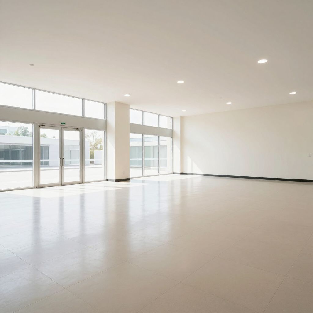 A minimalist, sunlit office lobby with white walls, a light-colored polished floor, and glass entrance doors.
