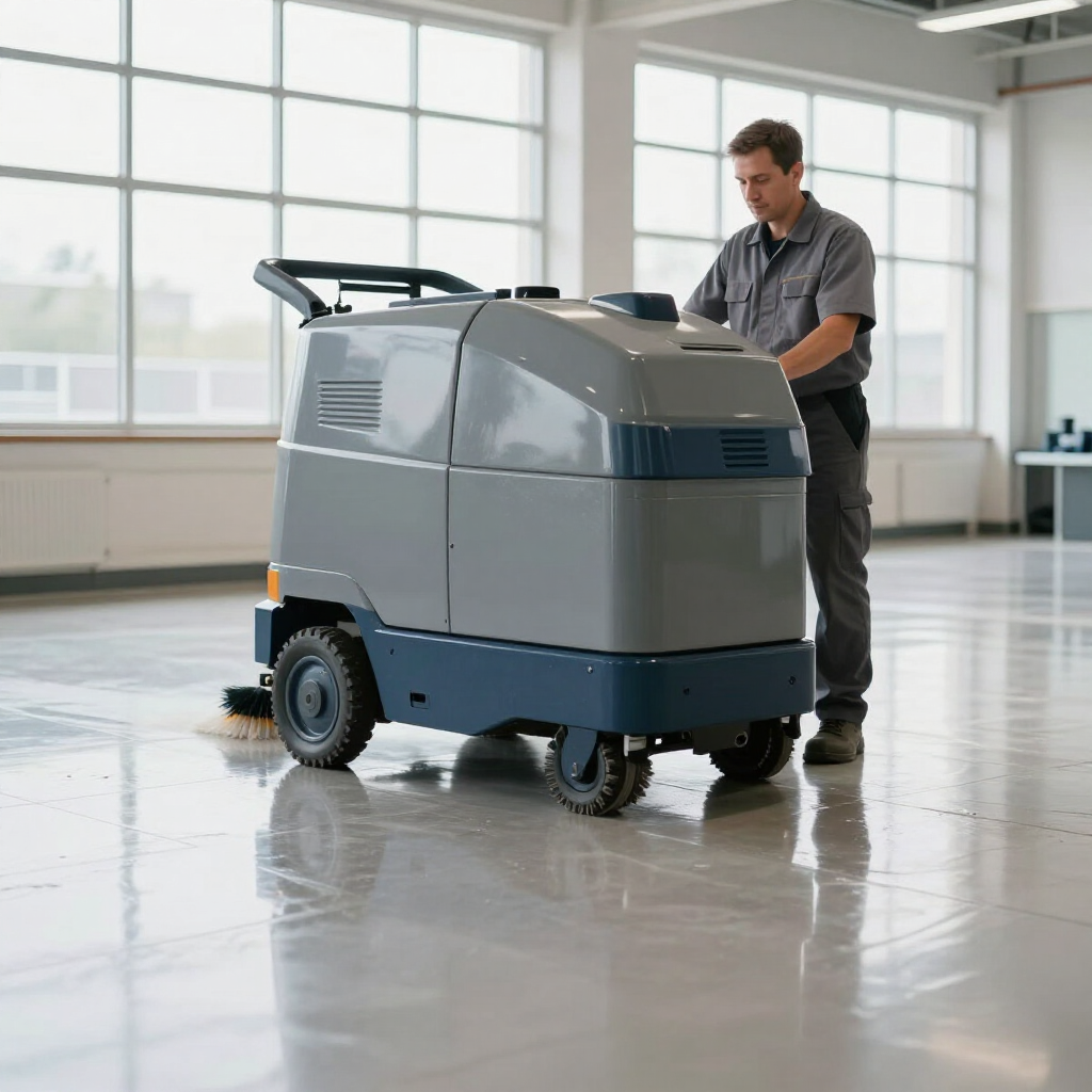 A person in blue scrubs and gloves uses a floor buffer in a brightly lit hallway near a stainless steel cleaning cart.