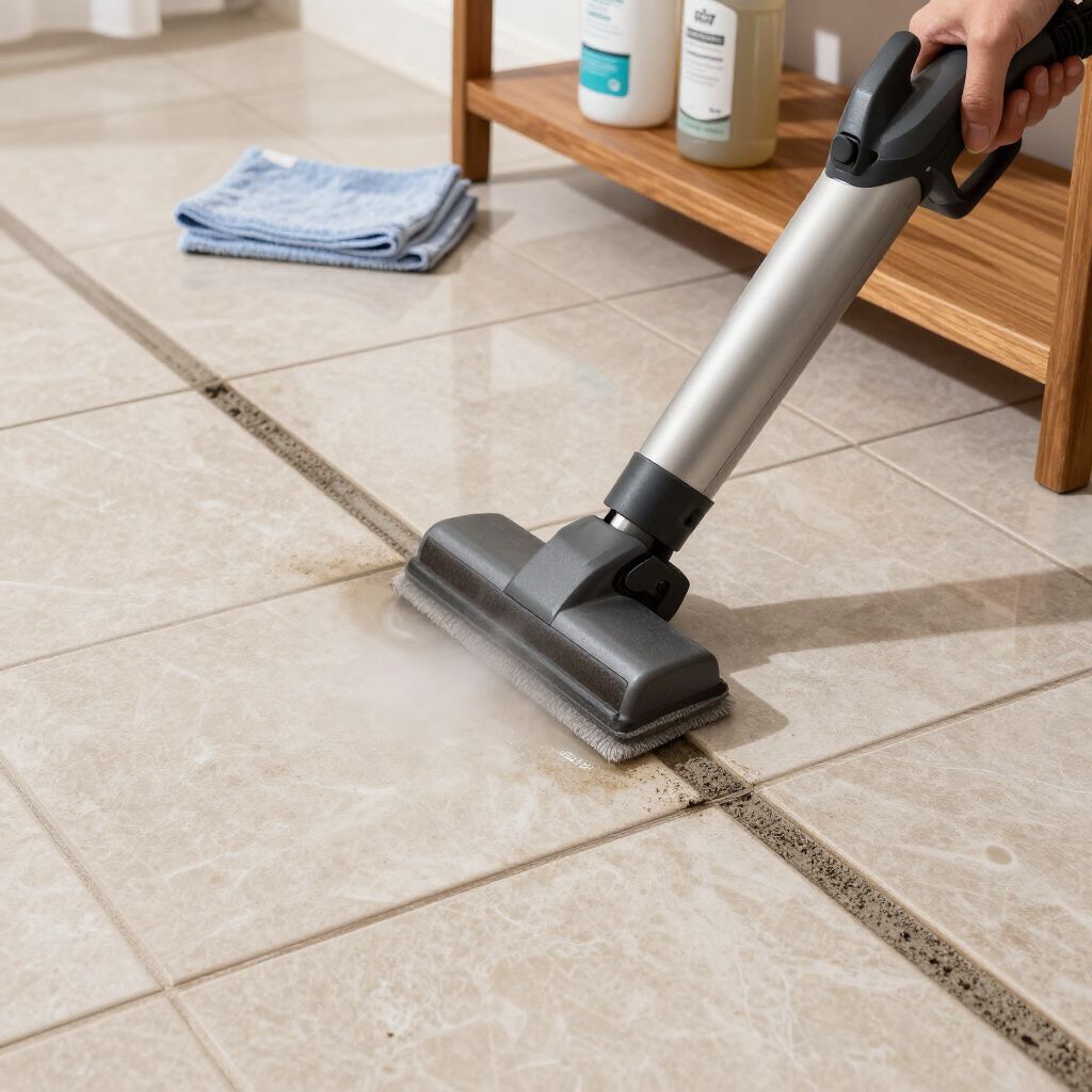 A hand uses a steam mop to clean dark grout lines on light-colored tile flooring near a wooden shelf.