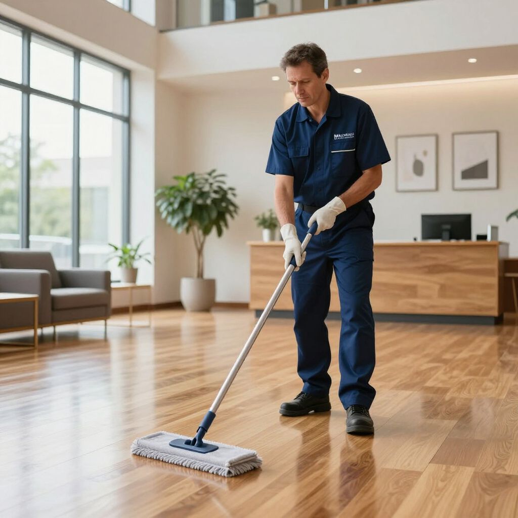 A janitor in a navy uniform mopping a polished wooden floor in a bright, modern office lobby.