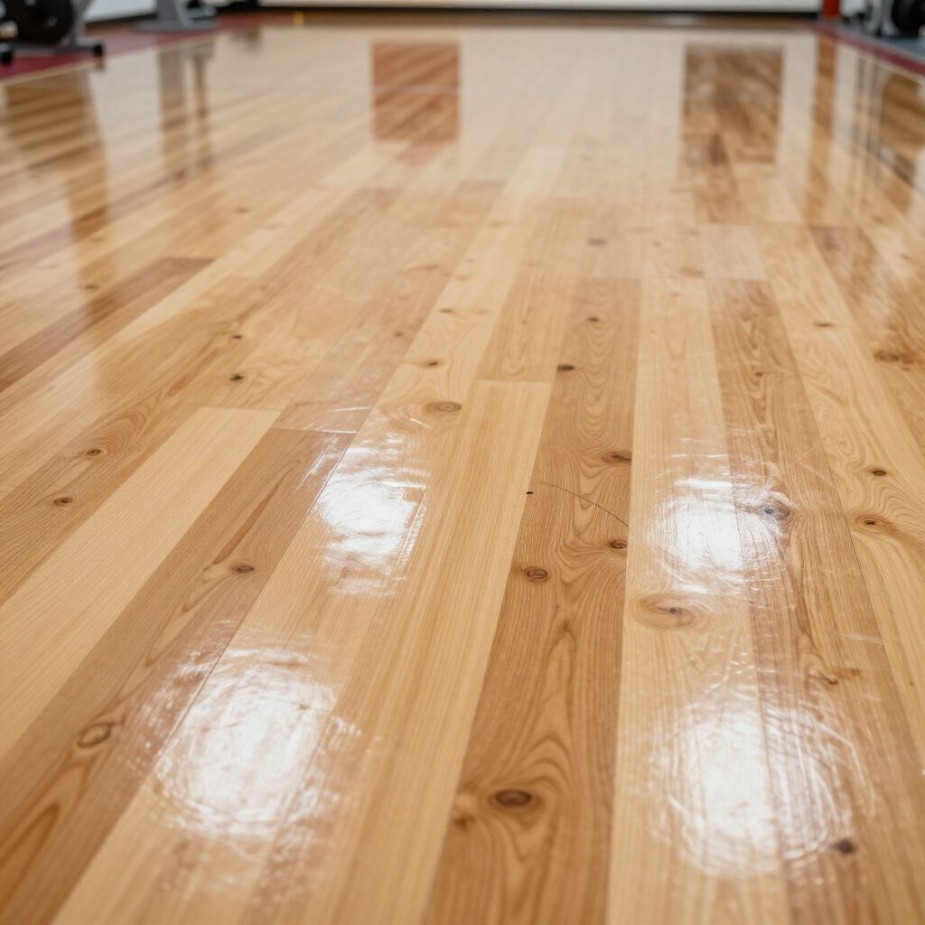 A low-angle view of a polished, light-colored wooden gym floor with clear reflections.