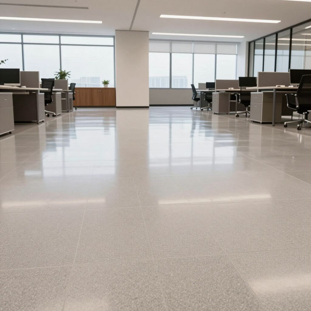 A bright, modern office space featuring rows of desks with computers on a polished, reflective floor.