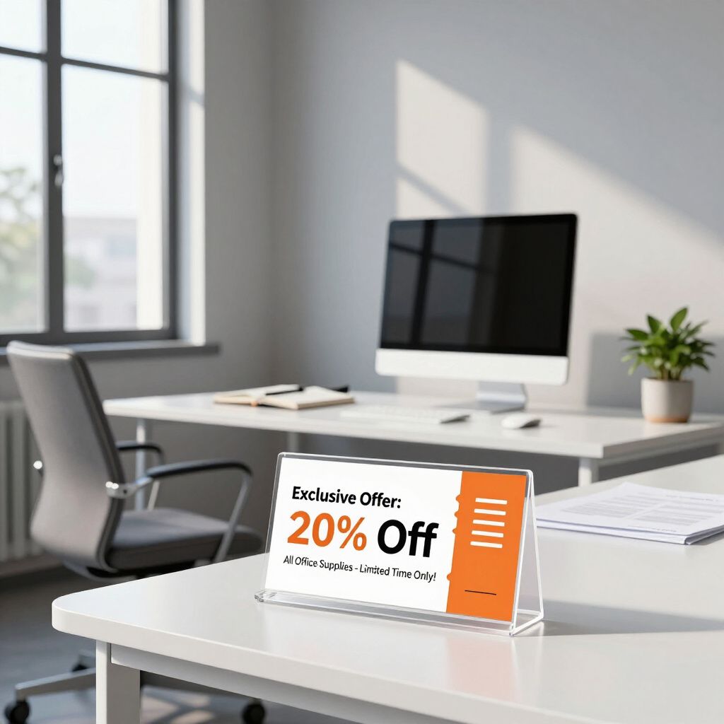 A sign on a desk displaying "Exclusive Offer: 20% Off" in an office setting with a computer, chair, and plant.