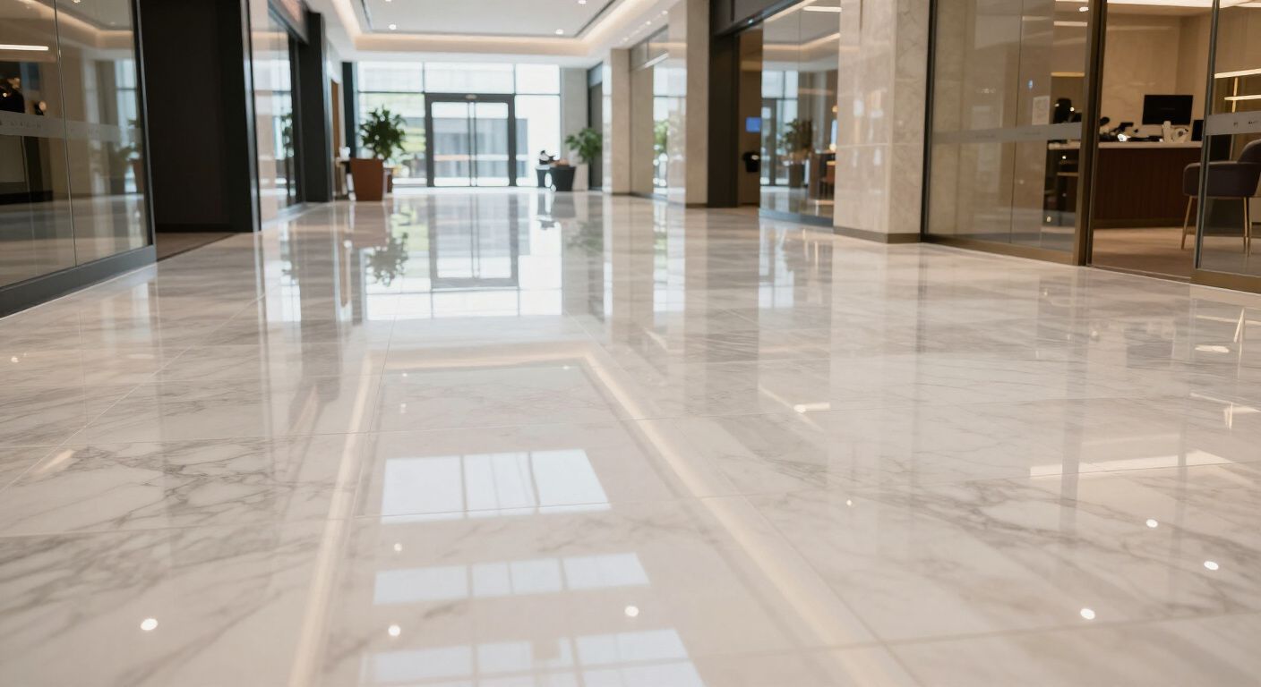 A wide, polished white marble floor in a bright, modern lobby with large pillars and glass walls.