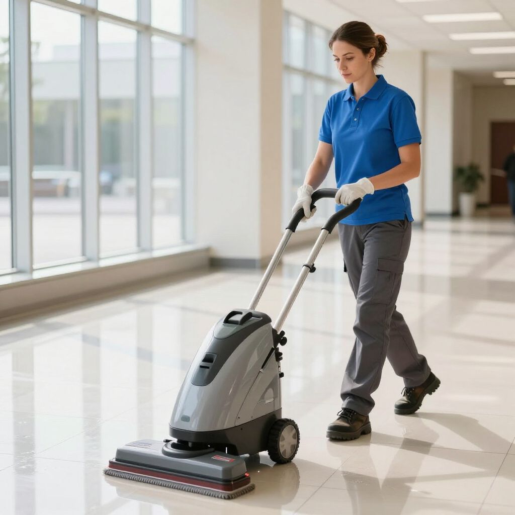 A person in a blue polo shirt and grey pants uses a floor scrubbing machine in a brightly lit, tiled hallway.