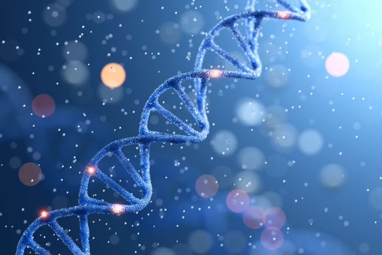 Blue DNA helix with glowing nodes on a scientific, abstract background