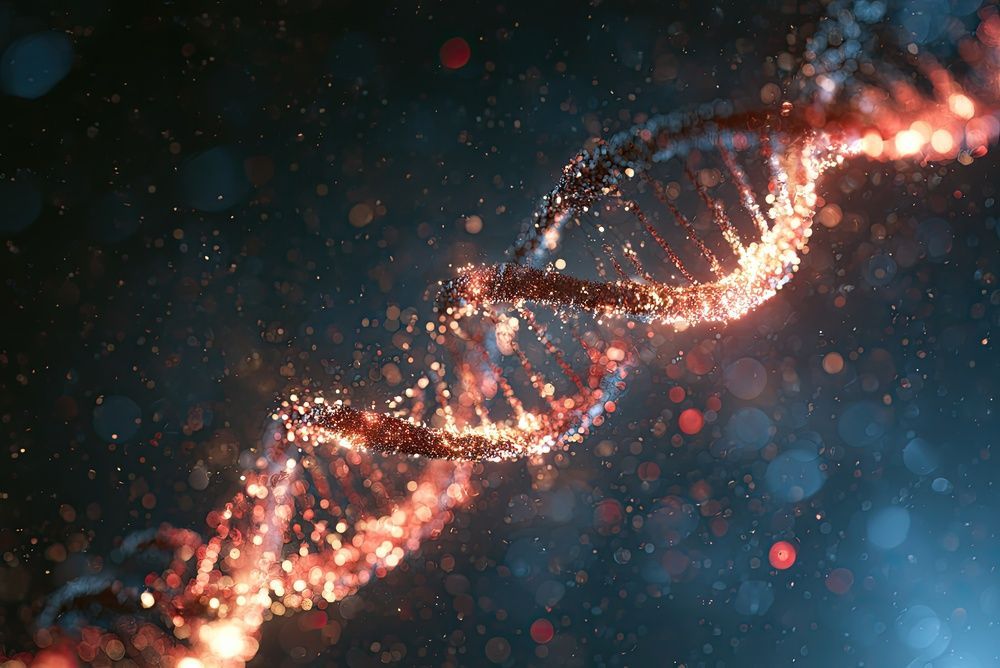 Glowing DNA double helix strands on a dark blue, particle-filled background
