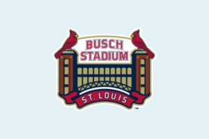 Busch Stadium logo with red birds perched above and “St. Louis” banner below