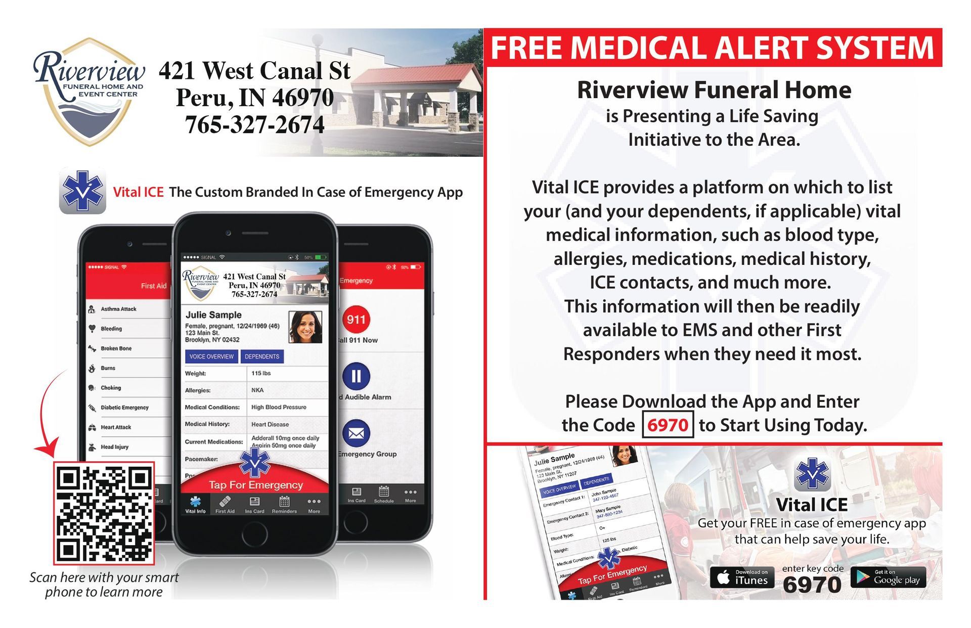 Free medical alert system ad with smartphone app, QR code, and brochures for seniors