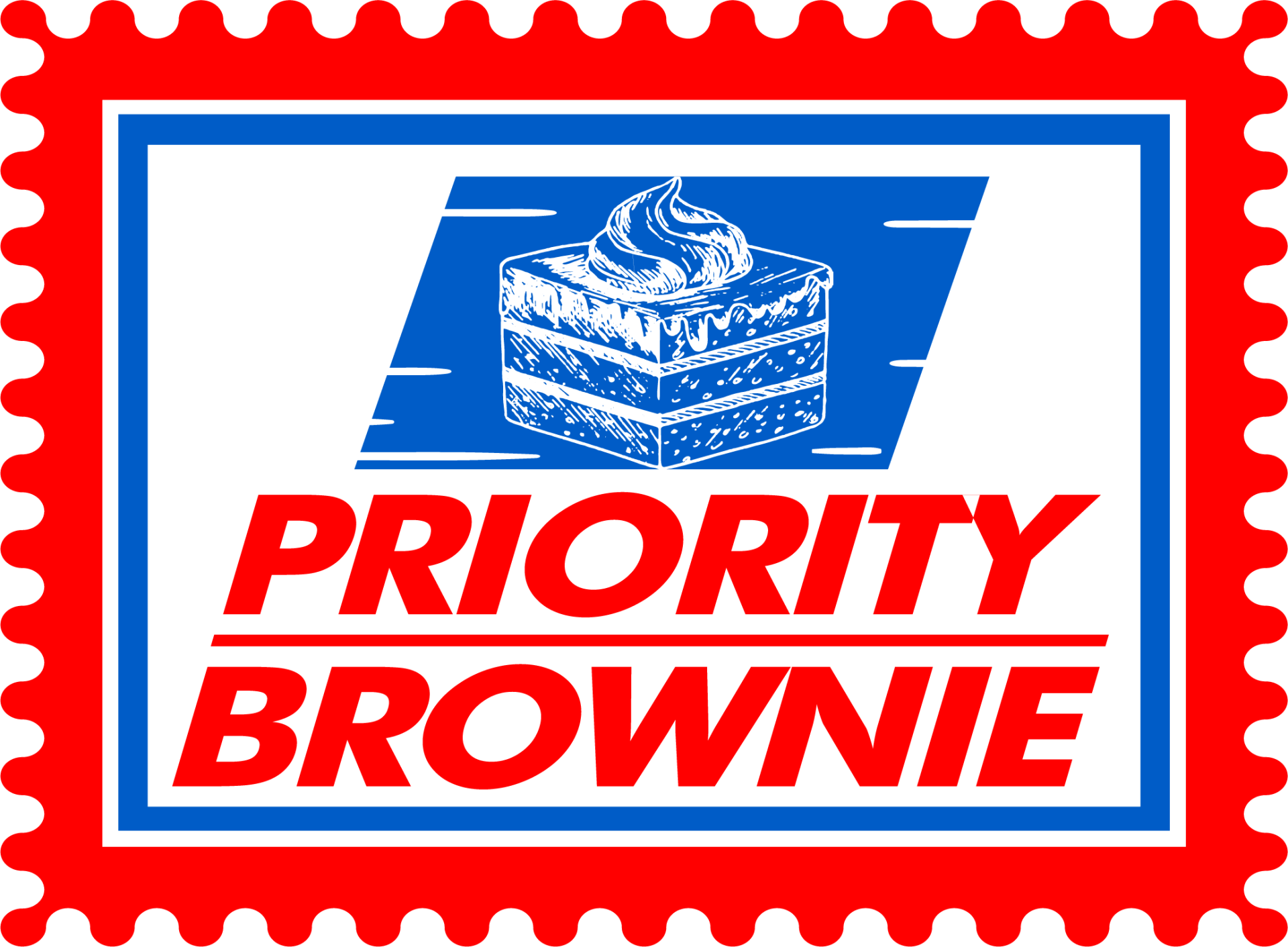 Priority brownie logo on a red and white stamp