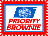 Priority brownie logo on a red and white stamp
