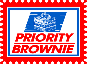 Priority brownie logo on a red and white stamp