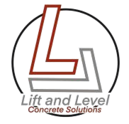 Lift and Level Concrete Solutions logo with red and gray interlocking Ls in a circle