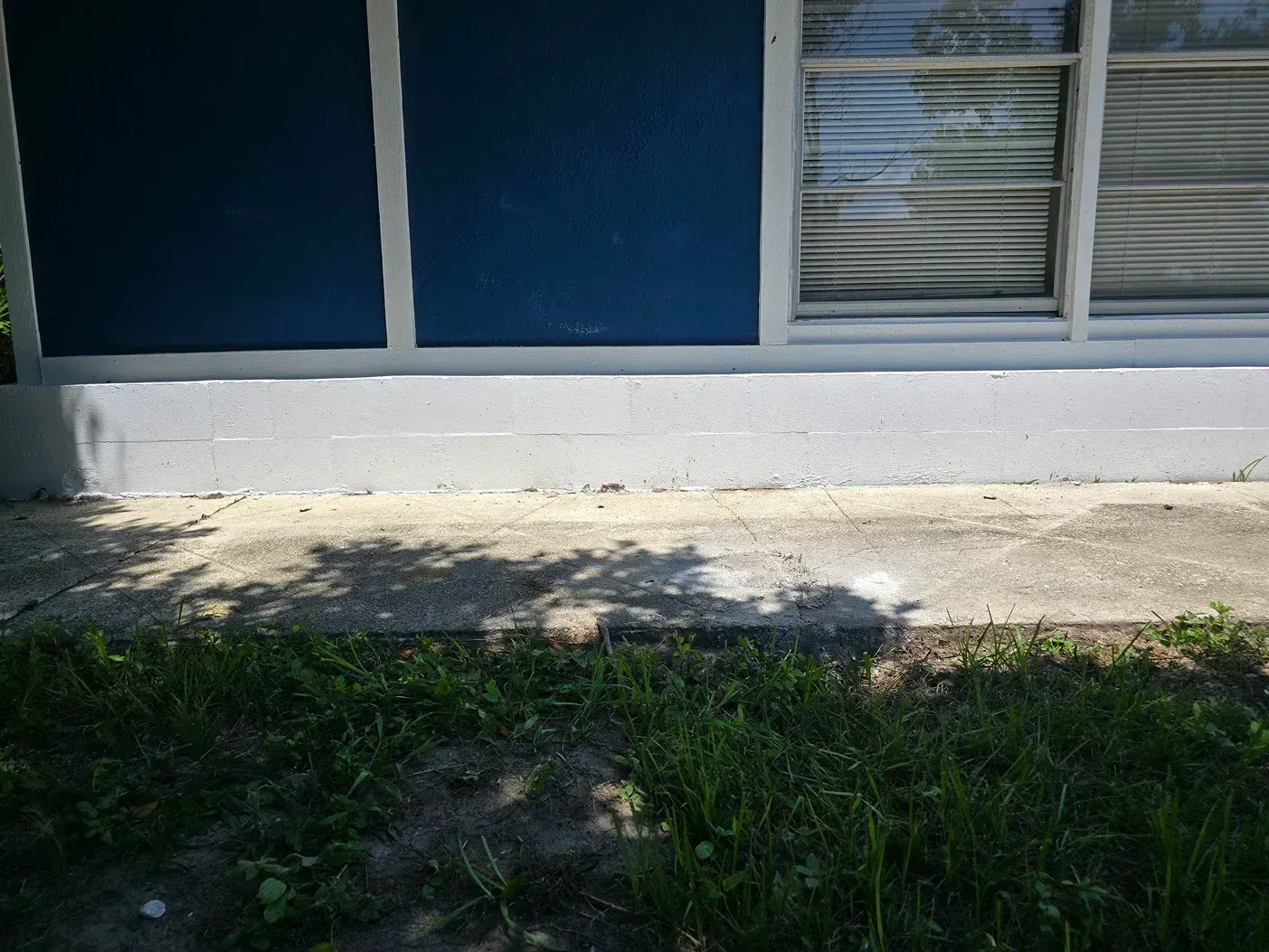 Blue exterior wall with white trim and a window above a concrete base, beside a patchy grass lawn.