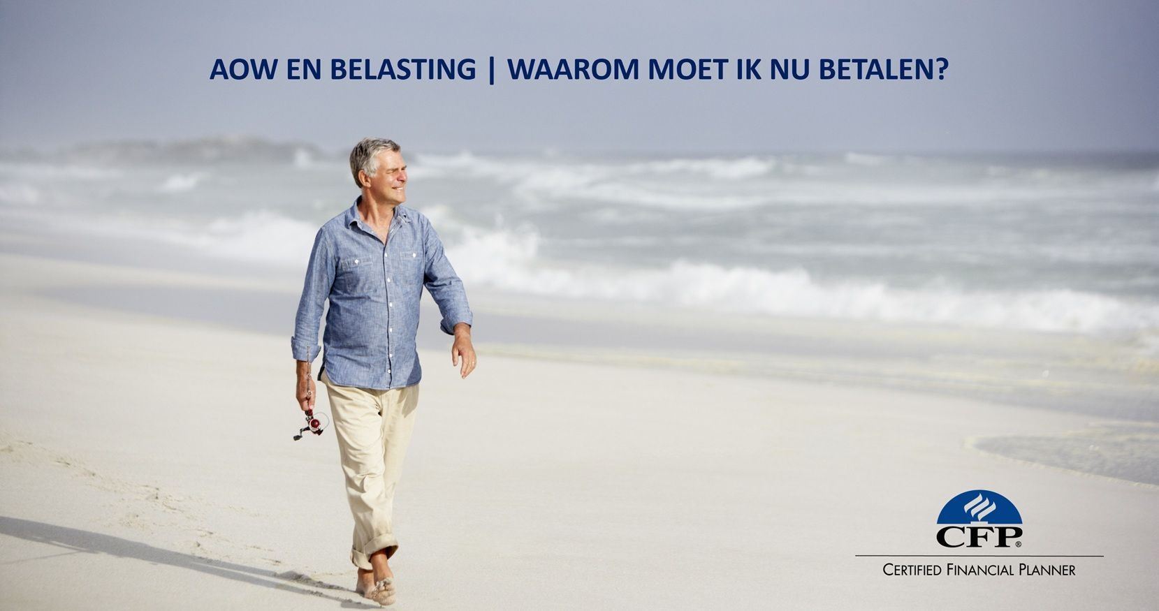 Man walking on beach; text: 