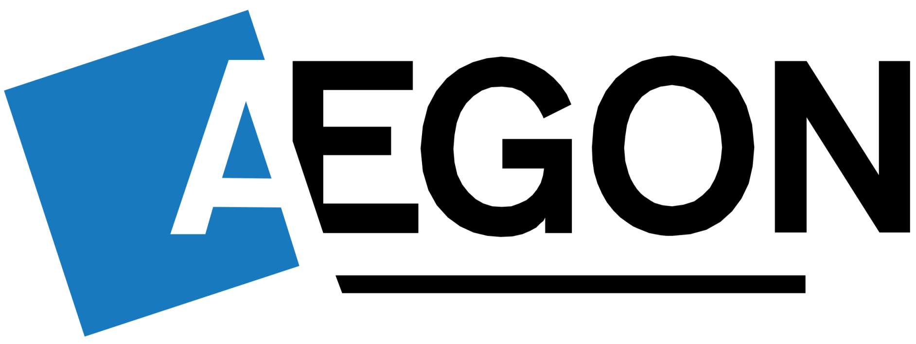 Het logo van AEGON: een zwart woordmerk met een blauw, gekanteld vierkant en een horizontale onderstreping.