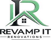 Revamp It Renovations logo with green and black house roof design and bold text