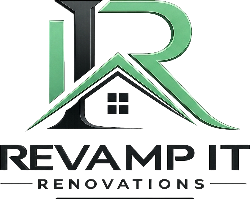 Revamp It Renovations logo with green and black house roof design and bold text