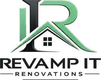 Revamp It Renovations logo with green and black house roof design and bold text