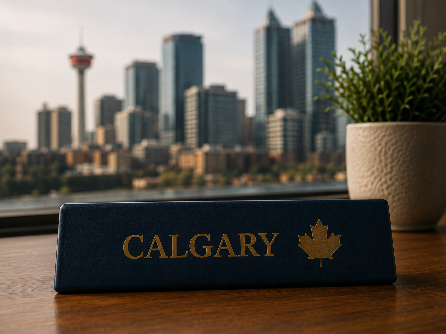 Calgary skyline behind a dark sign with gold lettering and a maple leaf on a table
