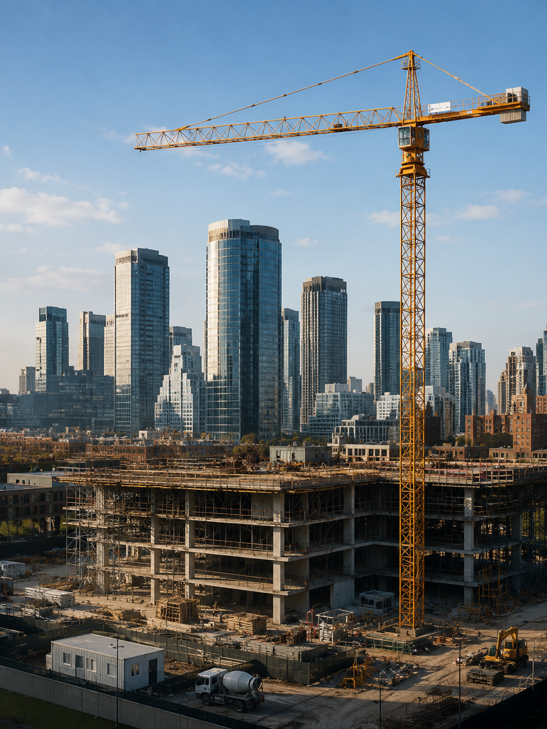 Construction site with a tall yellow crane and unfinished buildings in front of a modern city skyline