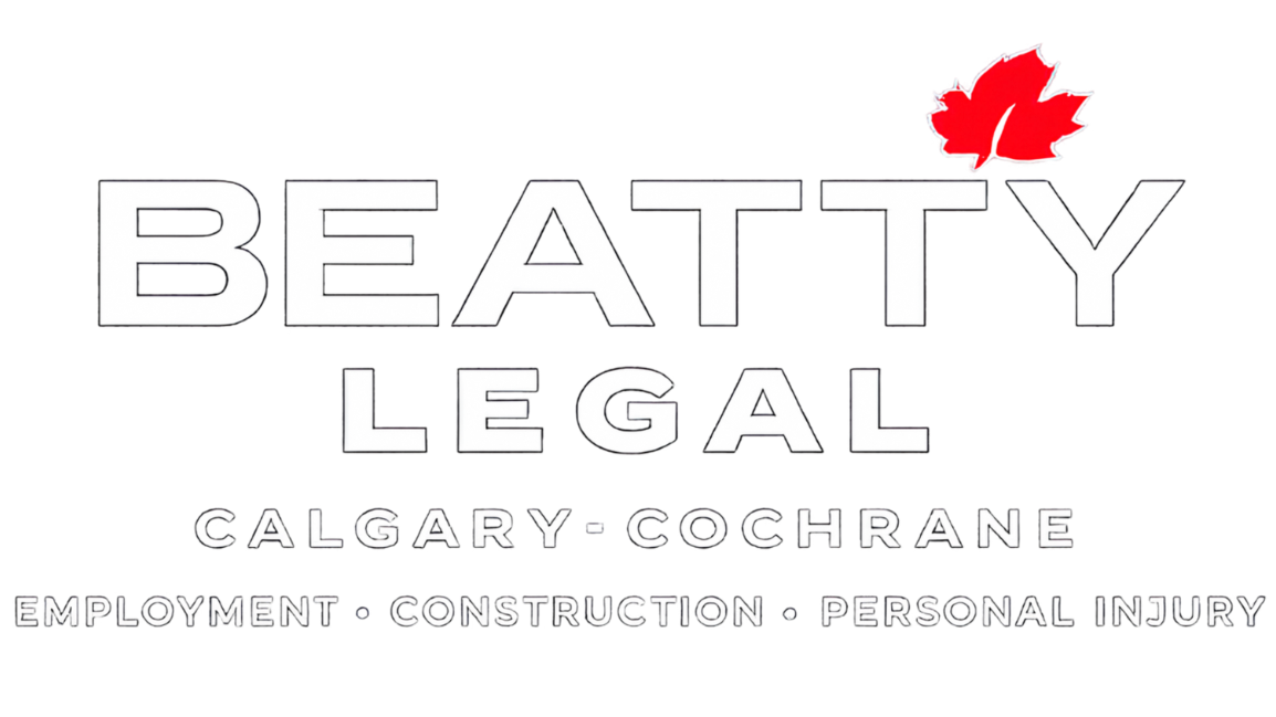 BEATTY LEGAL logo with red maple leaf and text: Calgary, Cochrane, employment, construction, personal injury