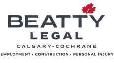 Beatty Legal logo with red maple leaf, Calgary-Cochrane, employment, construction, and personal injury