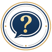 Circular blue speech bubble icon with a gold question mark, surrounded by a white and gold ring