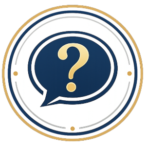 Circular blue speech bubble icon with a gold question mark, surrounded by a white and gold ring