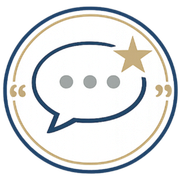 Blue speech bubble with three dots, gold star, and circular gold-and-blue border icon