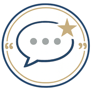 Blue speech bubble with three dots, gold star, and circular gold-and-blue border icon