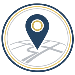 Blue map pin icon inside a white circle with gray roads and gold and blue rings