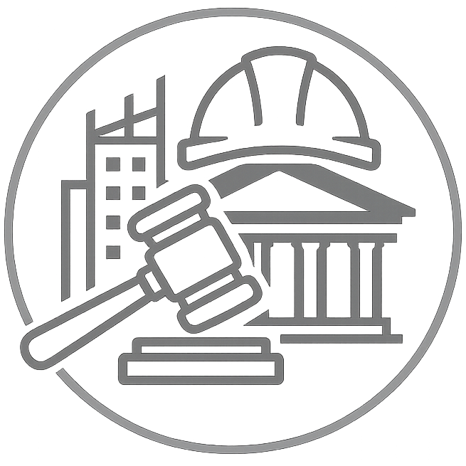 Gray legal icon with gavel, courthouse, hard hat, and building inside a circle