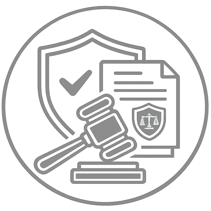 Legal compliance icon with gavel, shield, document, and checkmark in gray outline