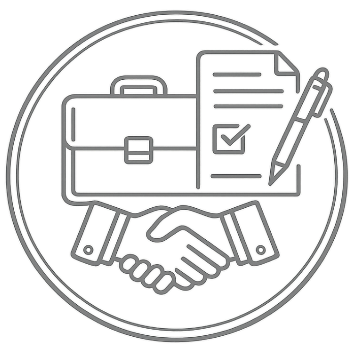 Handshake with briefcase, checklist, and pen inside a circular outline, in gray line art.