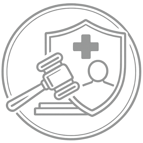Gray legal health icon with gavel, shield, medical cross, and person silhouette in a circle