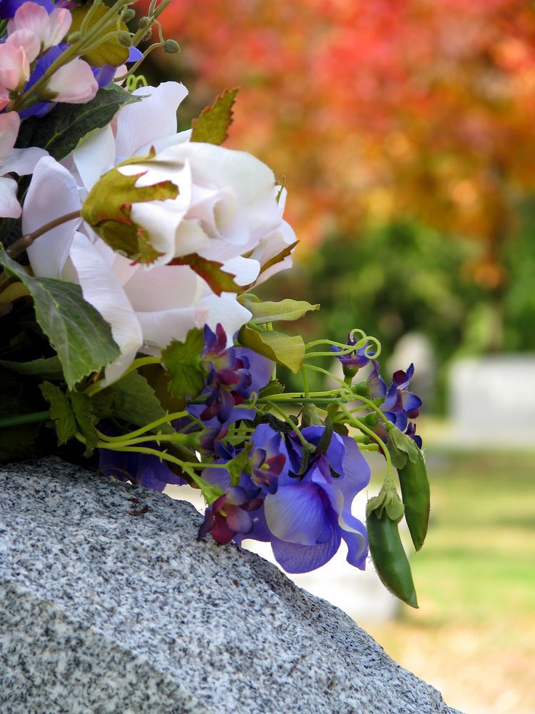 A Bunch Of Flowers Are Sitting On A Rock In A Cemetery — Territory Funerals In Yarrawonga, NT
