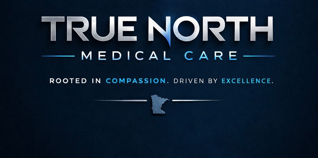 True North Medical Care logo on a dark blue background with white text and a small map icon