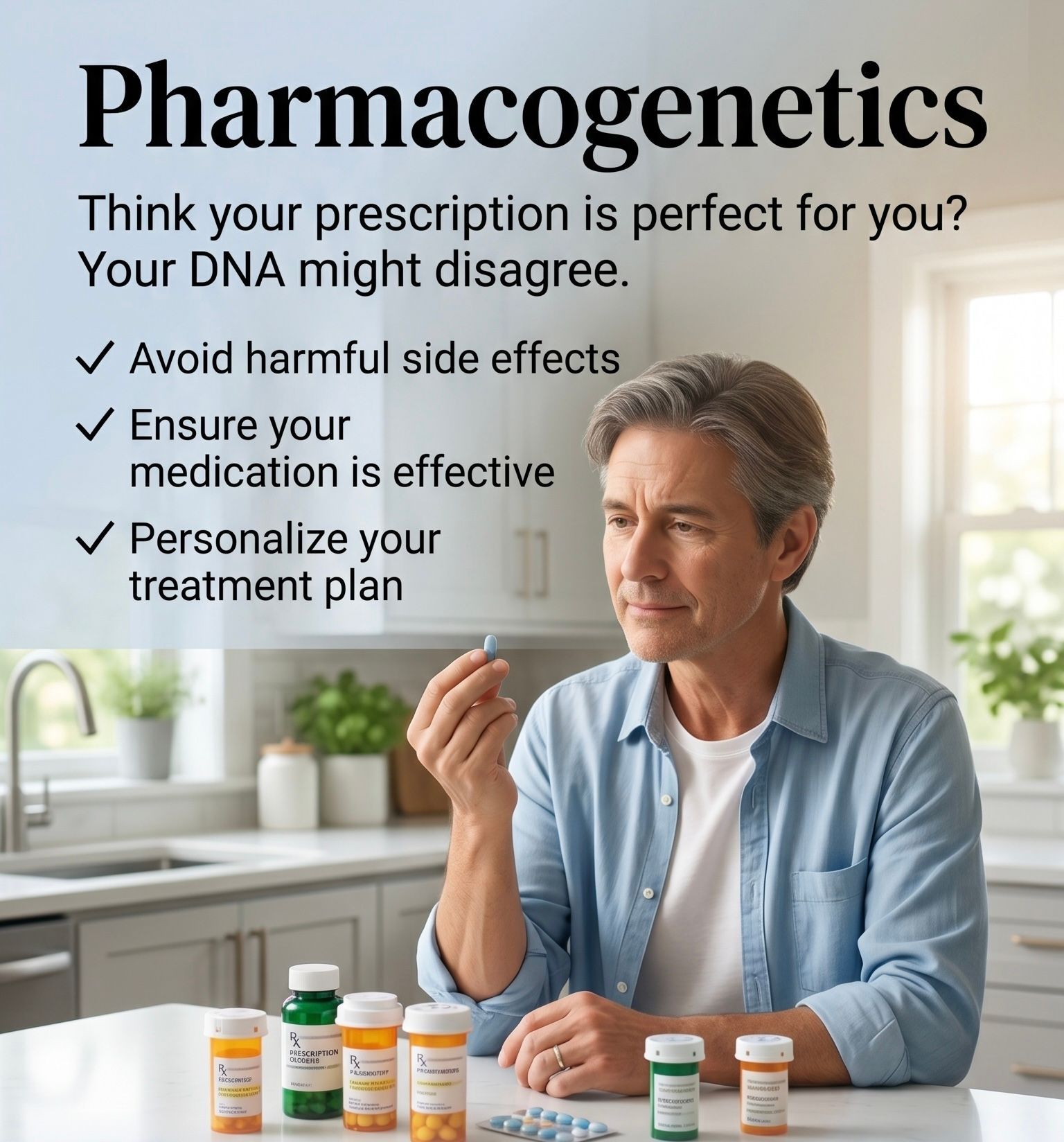 Pharmacogenetics poster with a man holding medication in a bright kitchen, explaining personalized prescriptions