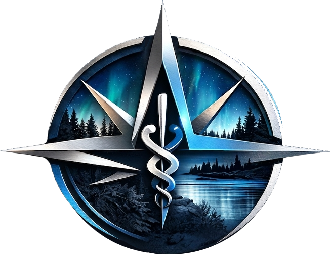 Blue medical compass emblem with a caduceus over a mountain and lake scene