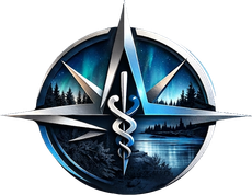 Blue medical compass logo with caduceus over a lake and mountain silhouette