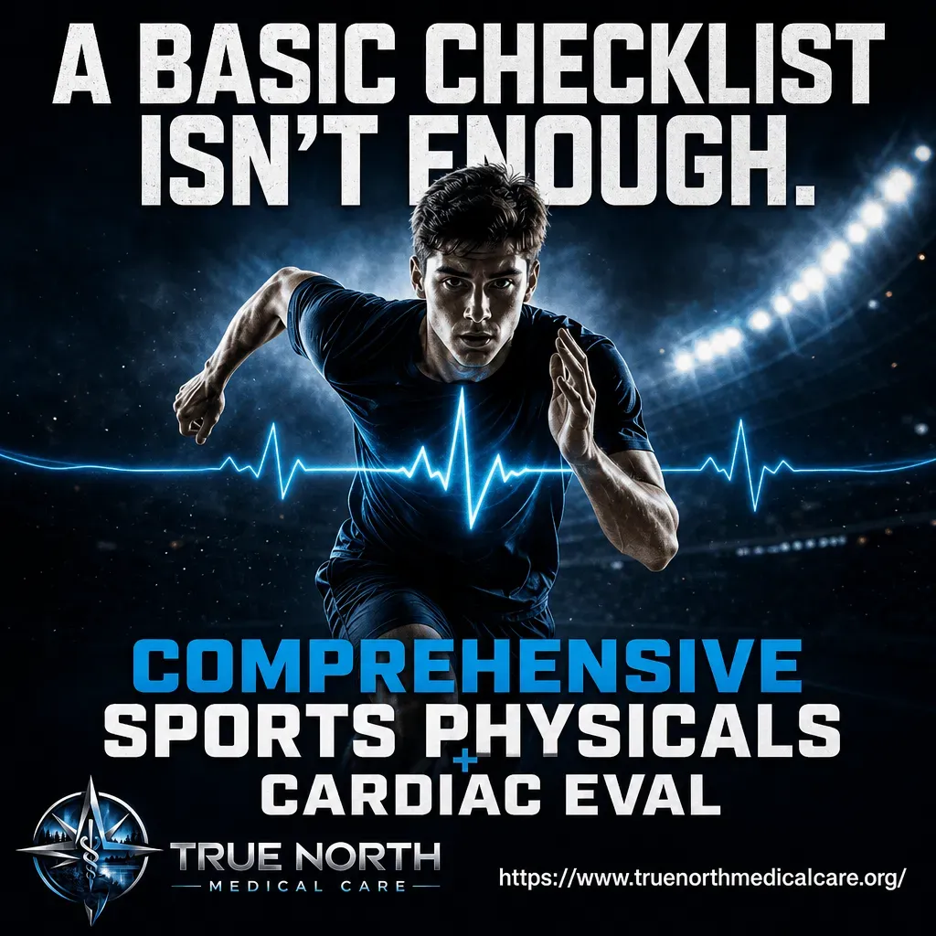 Runner with heartbeat graphic and text promoting comprehensive sports physicals, “A basic checklist isn’t enough.”