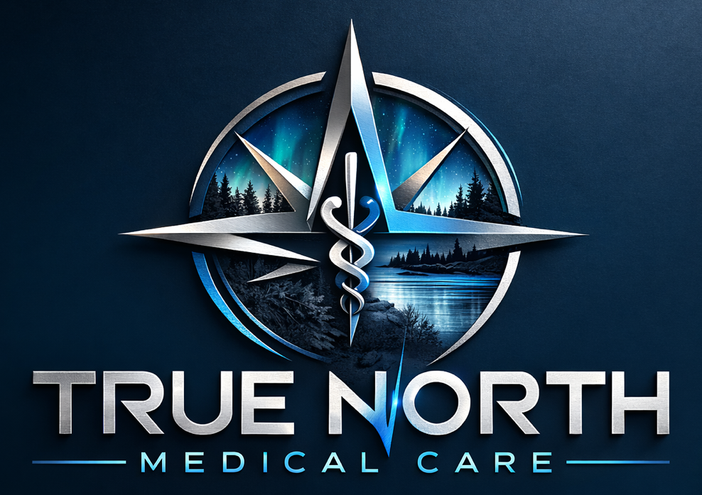 Logo for True North Medical Care with a blue compass, caduceus, and lake scene on a dark background