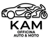Logo per KAM Officina Auto & Moto con il contorno nero di un'auto e di una moto sopra il testo.
