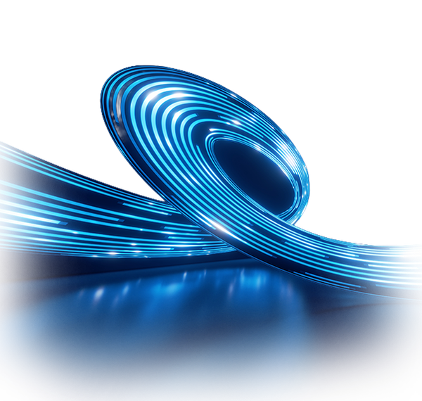 Blue glowing light streams forming a loop on a reflective surface.