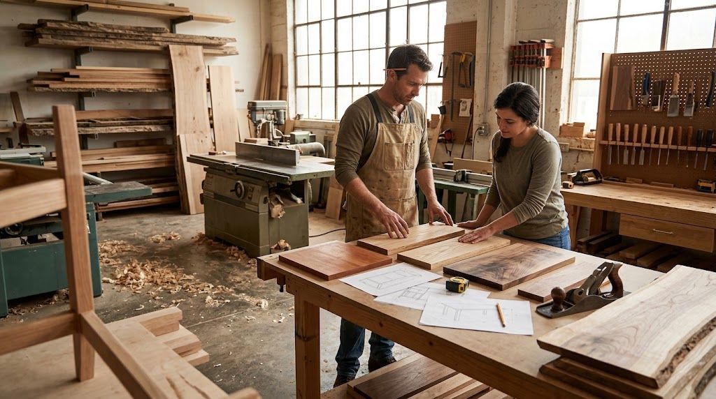 Two people discussing plans at a workbench in a wood workshop with tools and lumber stacked around them