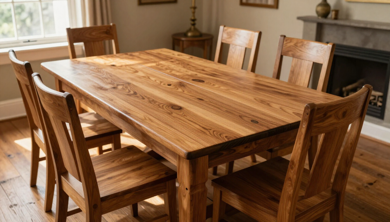 Wooden dining table surrounded by matching chairs in a cozy dining room